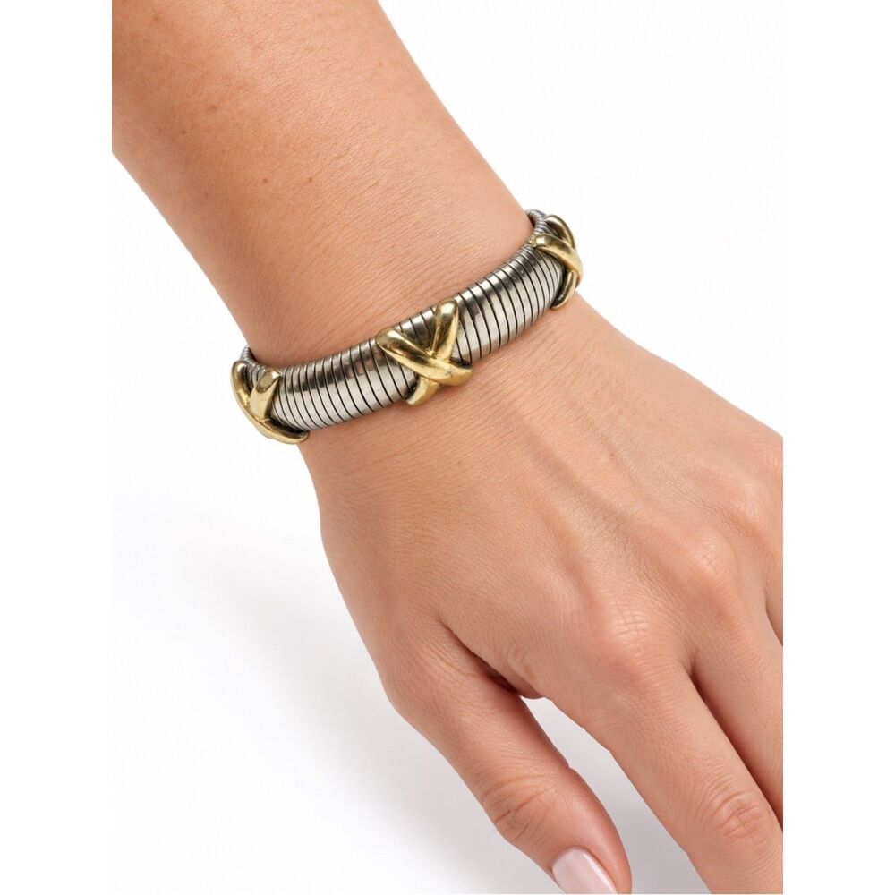 Avon Vintage Gold & Silver Tone X Design Cuff Bracelet | Adjustable Fit
